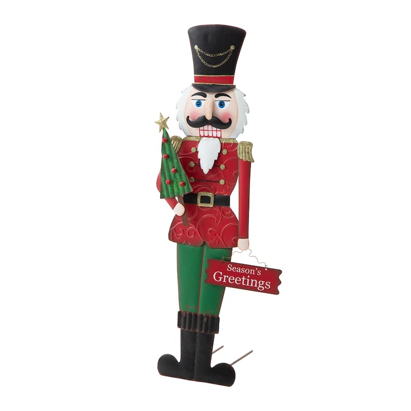 Glitzhome 36"H Metal Christmas Nutcracker Yard Stake Standing Hanging Decor