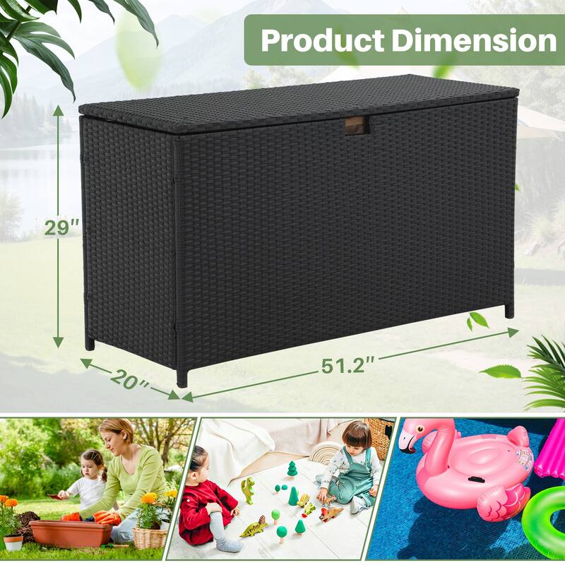 160 Gallon Outdoor Wicker Storage Box Resin Black Rattan Deck Bin for Patio Gardening Tools - 51.2*20*29Inch