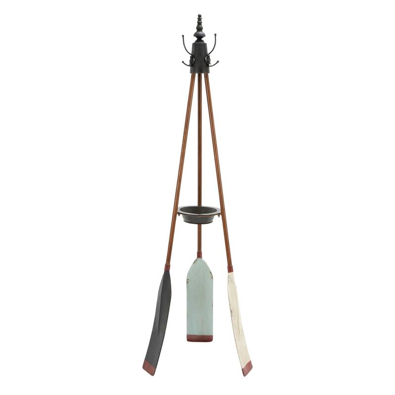 Metal Paddle Oar 3 Hook Coat Rack with Wooden Poles and Storage Tray - Blue - Roche River Decor - Blue