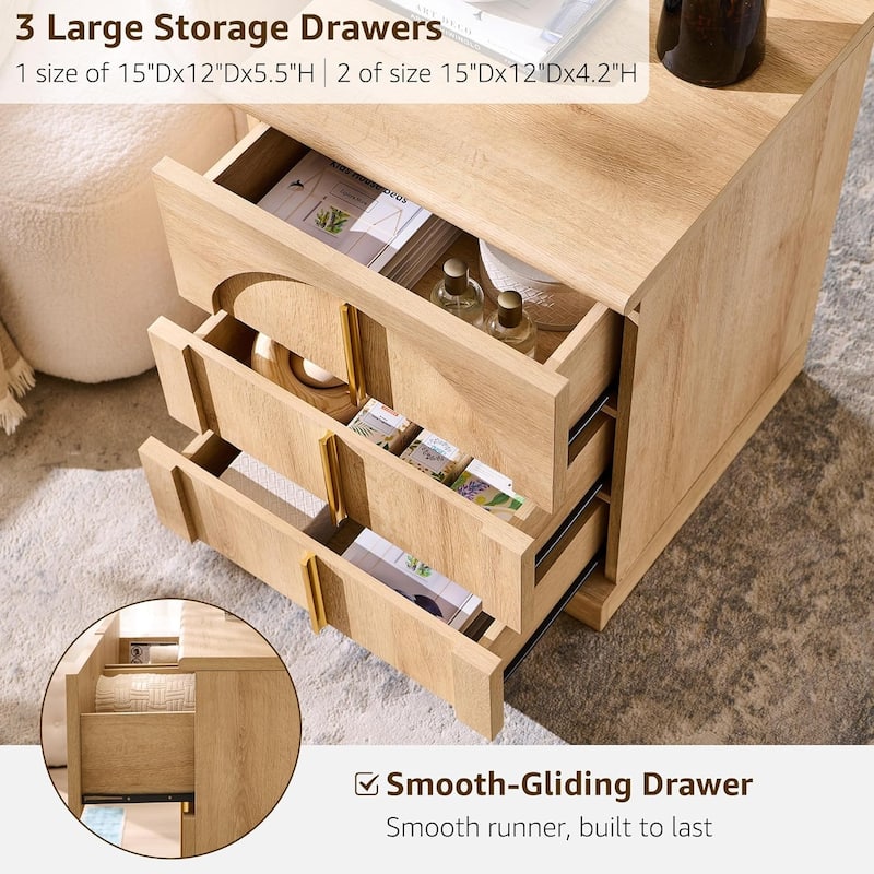 Modern Arched 3 Drawers Nightstand with Charging Station, Side Table