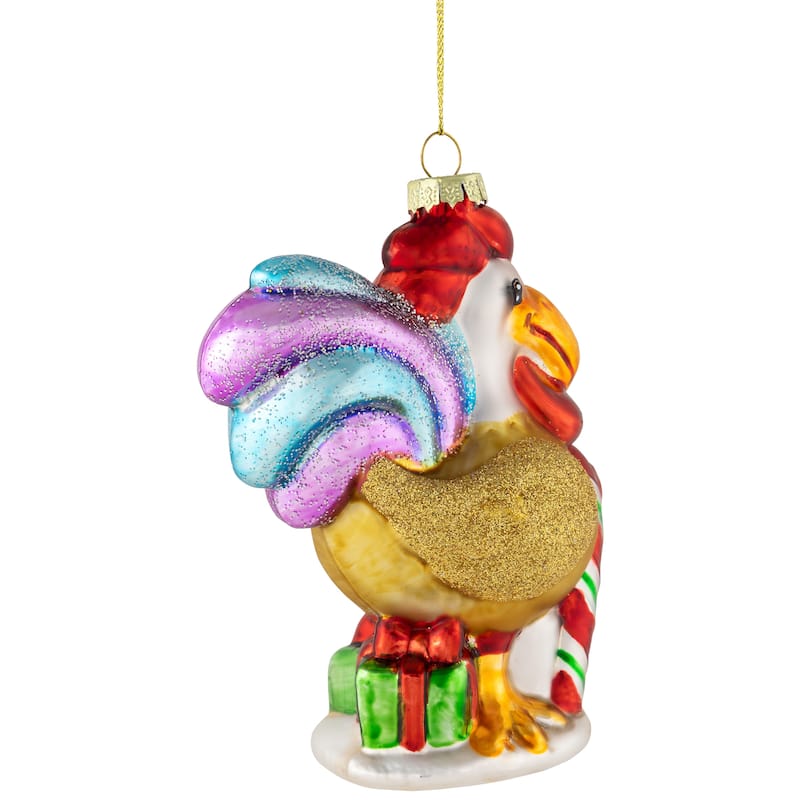 5" Gold and Red Rooster Glass Christmas Ornament