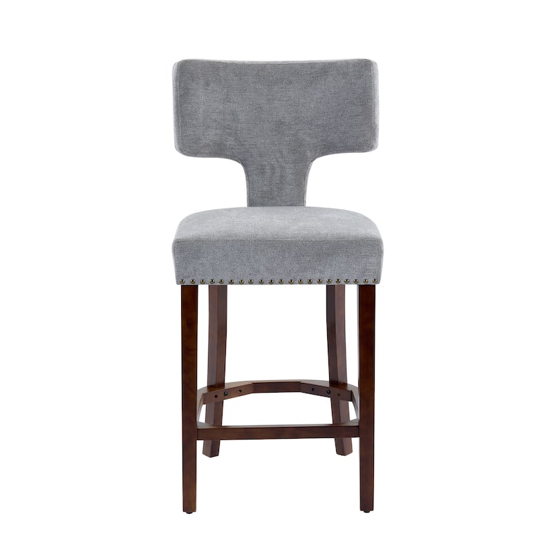 Counter Height Bar Stools Set of 2, Linen Upholstered Accent Chairs, Curved Backrest with Nailhead Trim and Splayed Legs