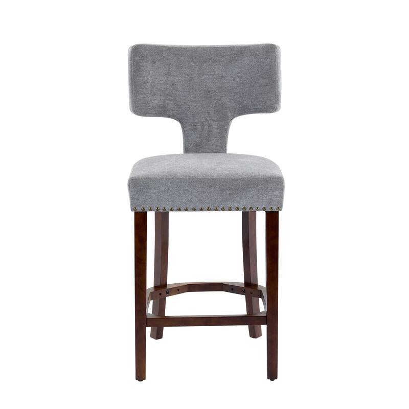 Mid Century Modern Upholstered Bar Chairs Set of 2, Accent Bar Stools with T-Shaped Backrest & Nailhead Trim