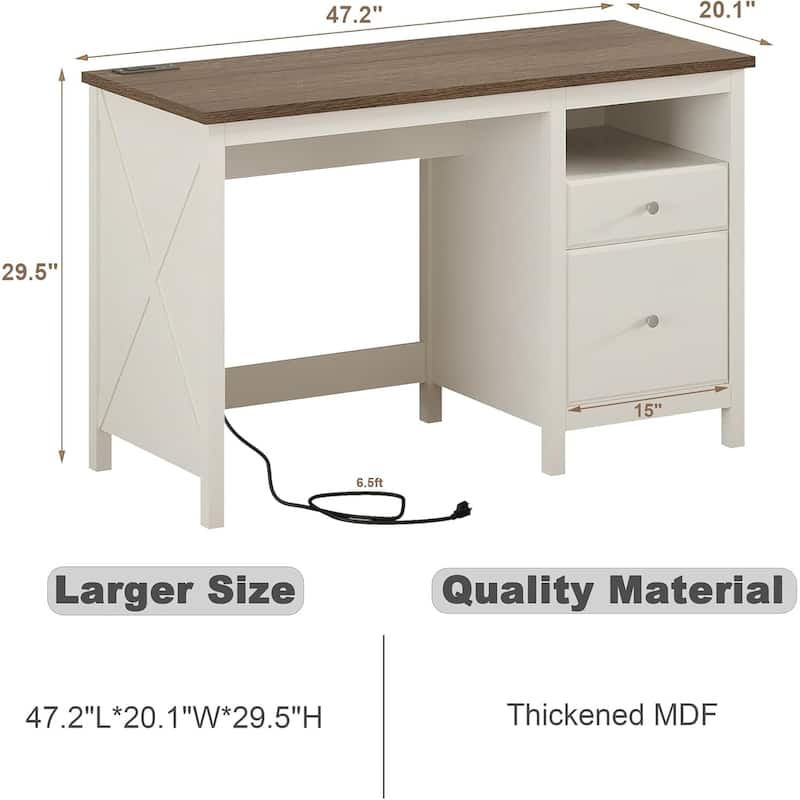 47" Farmhouse Wood Writing Desk With Drawers, Home Office Desk with Charging Station, 2 Storage Drawers and Open Shelf