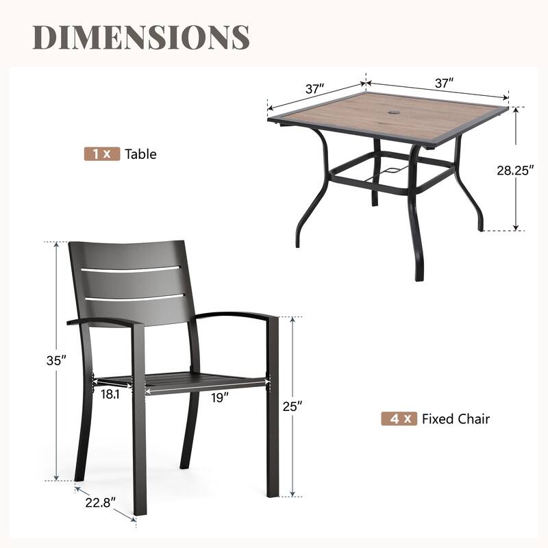 MAISON ARTS Outdoor 5 Pieces Dining Set Metal Table with Umbrella Hole & Stackable Patio Dining Chairs