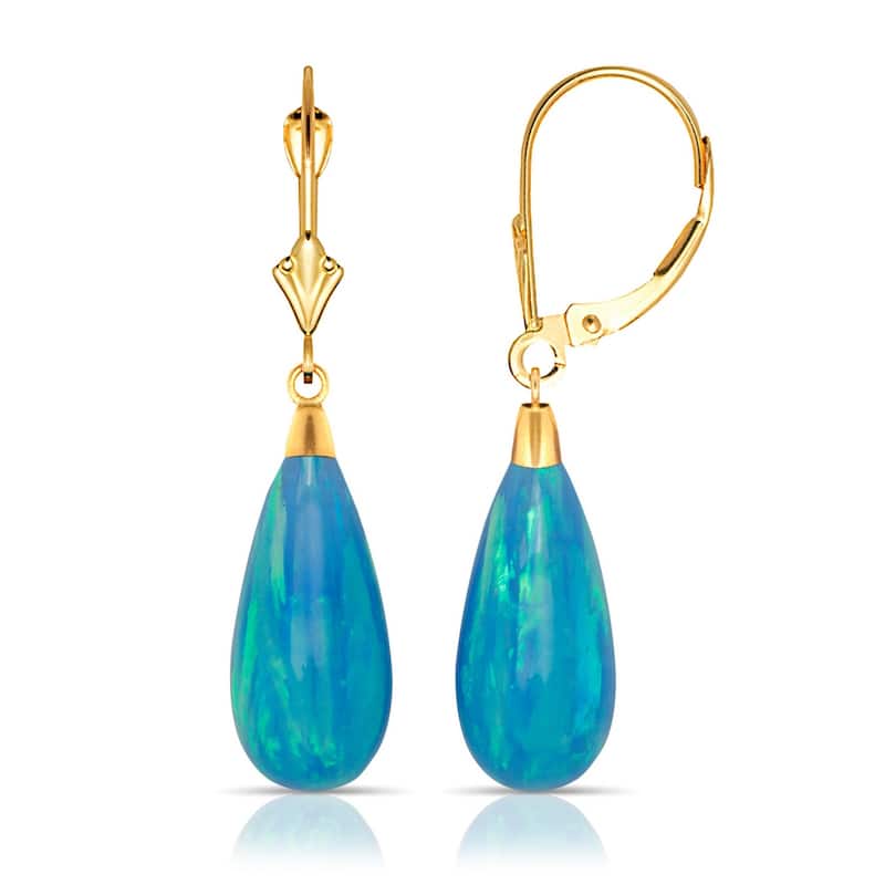 Curata 14K Yellow Gold Tear-drop Created Opal Dangle Leverback Earrings