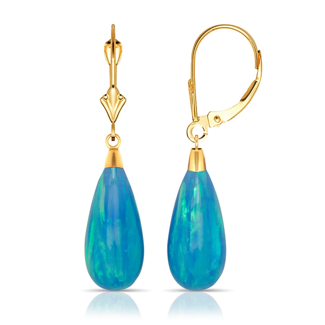 Curata 14K Yellow Gold Tear-drop Created Opal Dangle Leverback Earrings