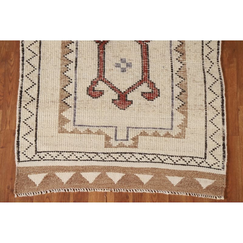 Natural Dye Anatolian Runner Rug Handmade Turkish Beige Wool Carpet - 3'4"x 10'6"