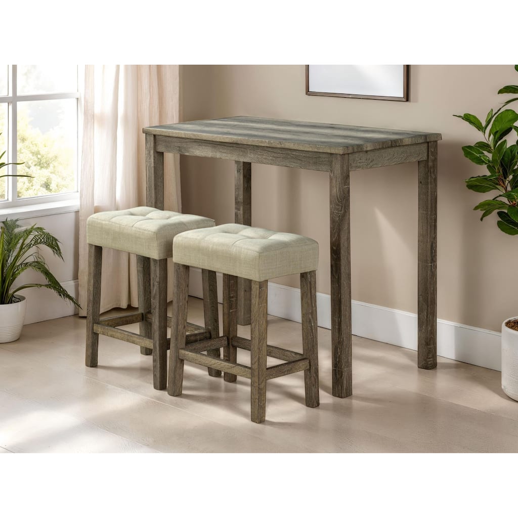 Modern Transitional Dining Table w 2x Stools Biscuit-Tufted Seat Cushion Chair 3pc Dining Set