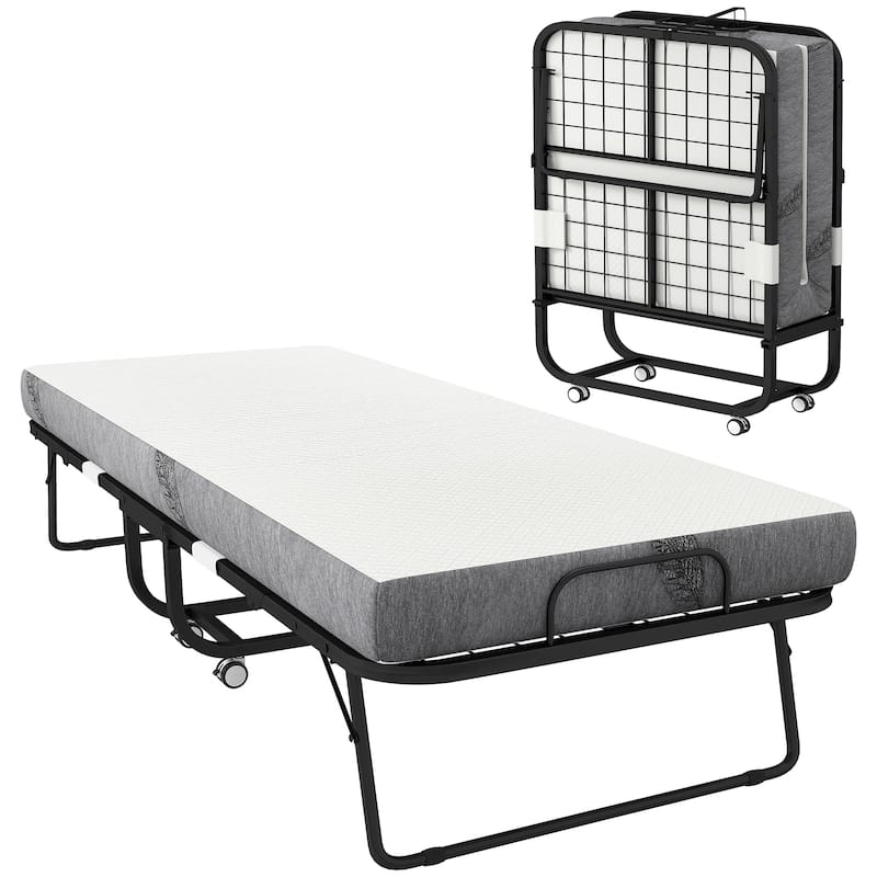 31.5"W Portable Foldable Steel Frame Bed with Mattress - Black