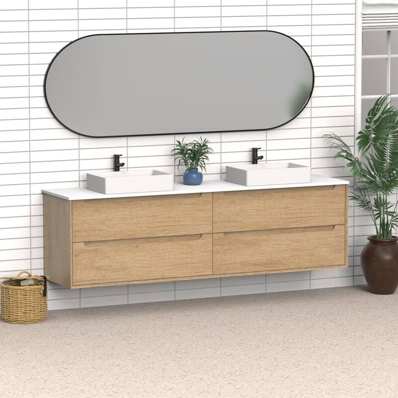 84" Solid Wood Bathroom Vanity with White Quartz Countertop Ceramic Vessel Sink