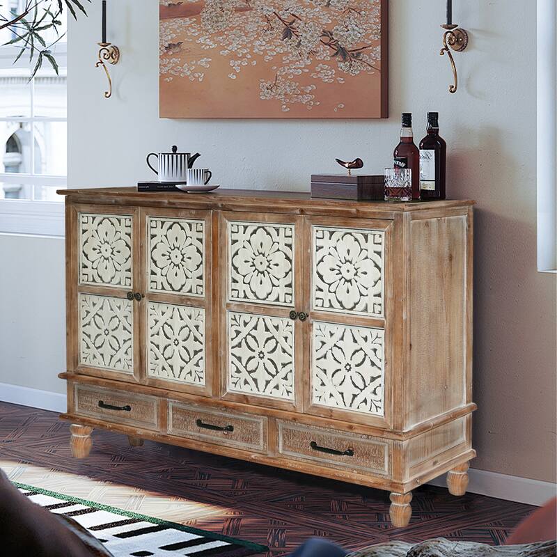 59" Wood Buffet Cabinet with 3-Drawer, 4-Door Retro Sideboard Buffet with Adjustable Shelf, Storage Entryway Console