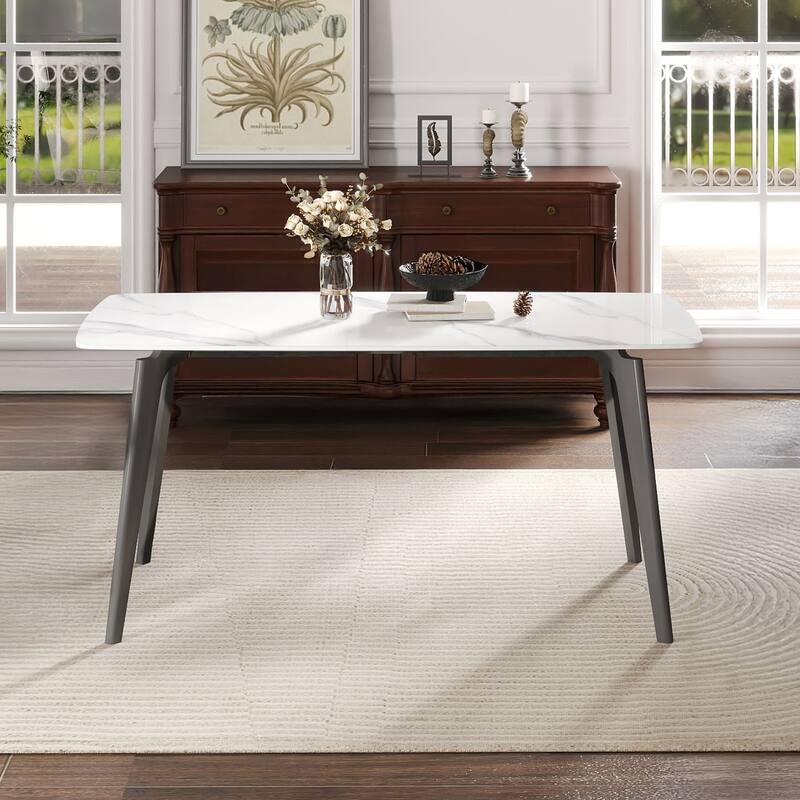 62.99" Modern Artificial Stone White Curved Edge Dark Grey Metal Leg Dining Table-Can Accommodate 6 People(Dining Table Only)