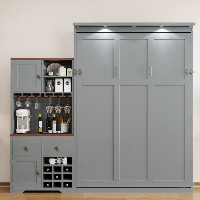 All-in-one Murphy Bed Queen Size Storage Bed Cabinet with Wine Rack, Glass Holder, Drawers, Open Shelves and LED Lights - Grey - Queen
