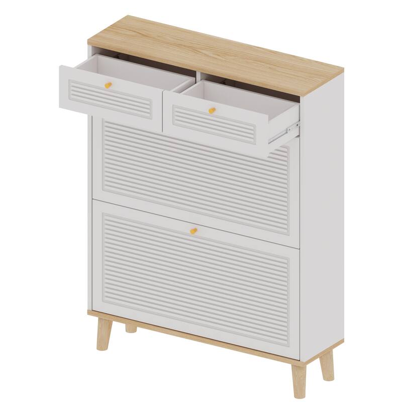 Narrow Shoe Cabinet with 2 Flip-Up Doors & 2 Drawers, Freestanding Entryway Shoe Organizer, Shoe Rack with Natural Wood Legs