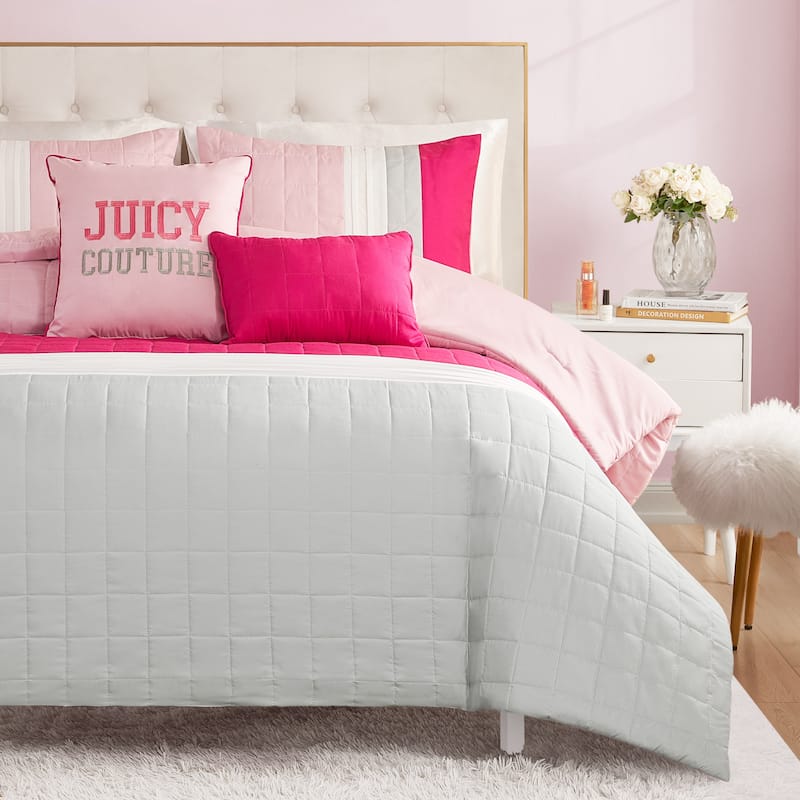 Juicy Couture Color Blocked Designer Comforter Sets - 4 Piece - Twin XL - Pink/White/Grey