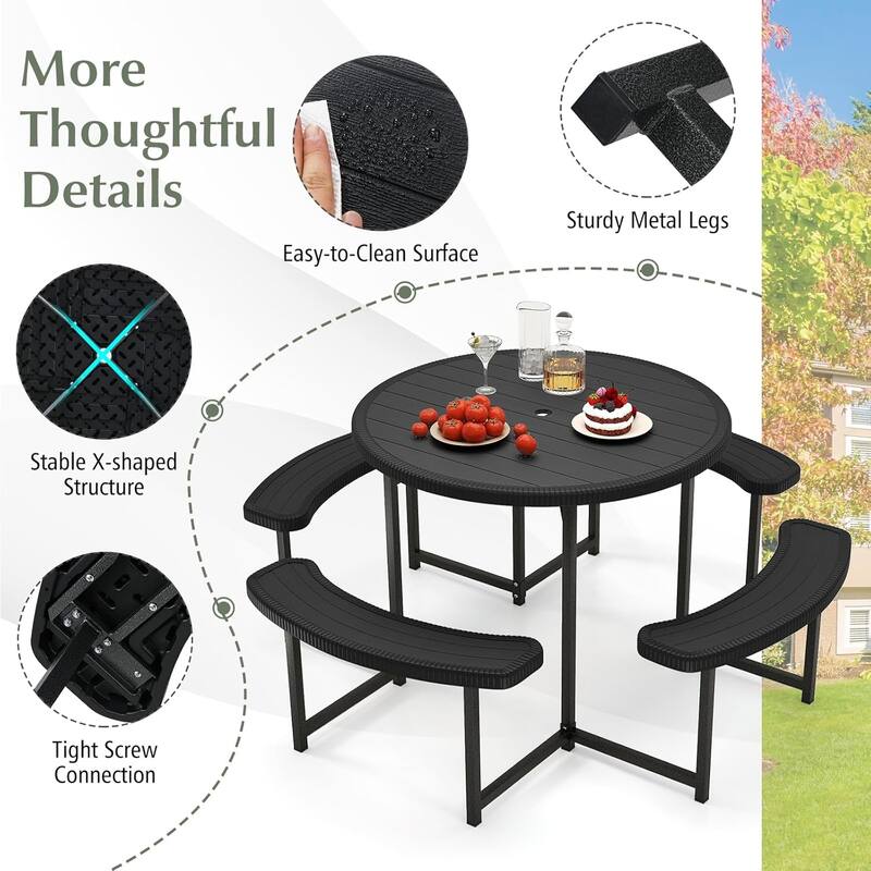 Round 37" Outdoor Dining Table Picnic Table Bench Set for 4-8 Person