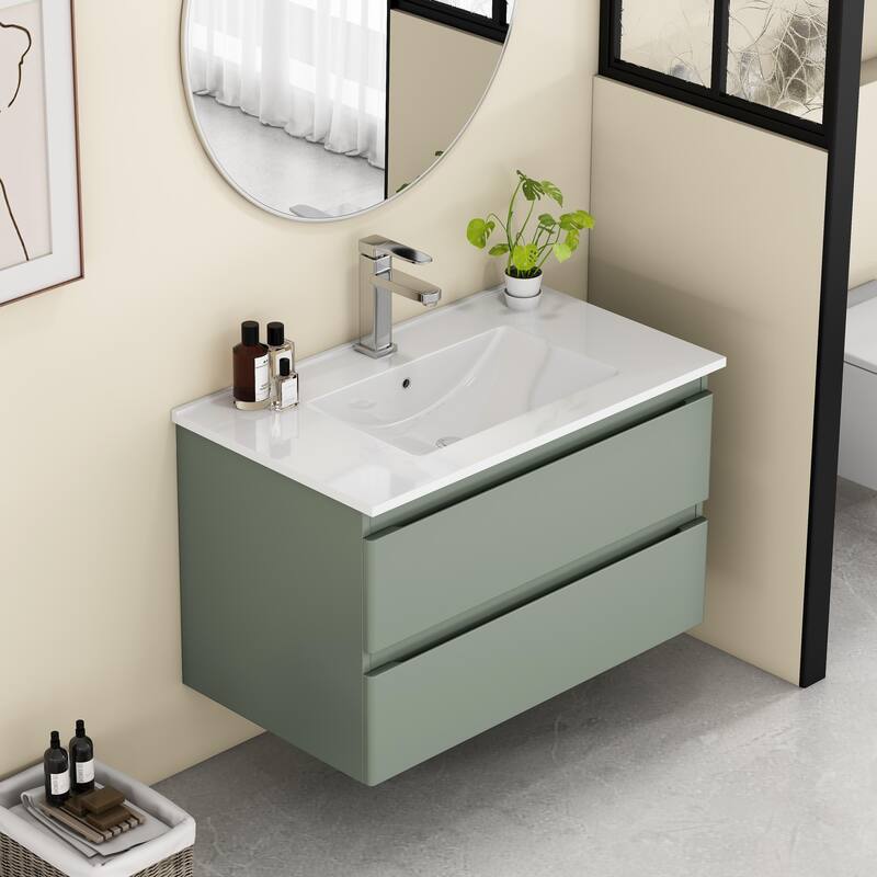 32 Inch Floating Bathroom Vanity with One-piece Ceramic Sink, Wall Mounted Cabinet with 2 Drawers