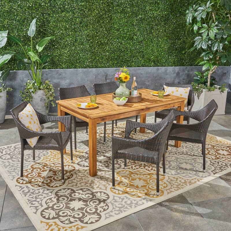 Damon Outdoor 7 Piece Wood and Wicker Expandable Dining Set by Christopher Knight Home
