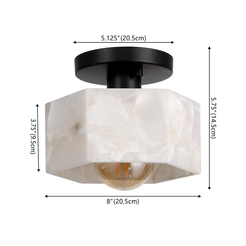 Celine 8" 1-Light Modern Contemporary Alabaster/Iron Hexagonal LED Semi Flush Mount, White Marbling/Brass Gold by JONATHAN Y