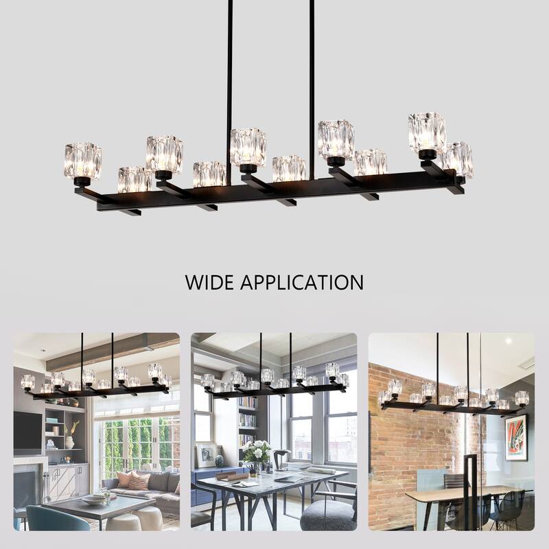 10-Light Black Farmhouse Chandelier, Crystal Linear Pendant Lighting for Dining Room, Kitchen Island, Bar Area, G9 Bulb,40W Max