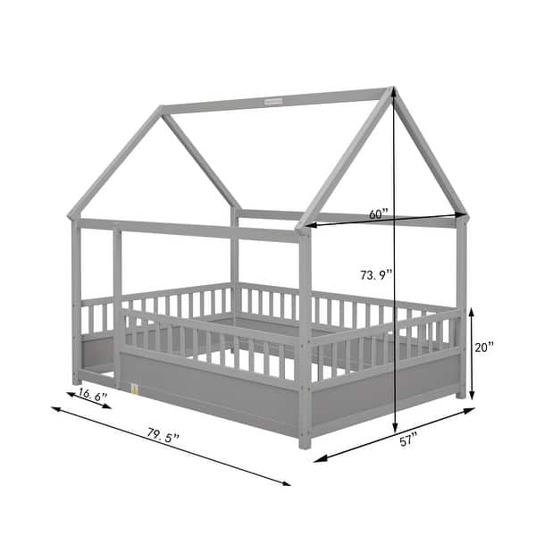 dimension image slide 1 of 3, Wooden Floor Bed with House Roof Frame and Guardrails