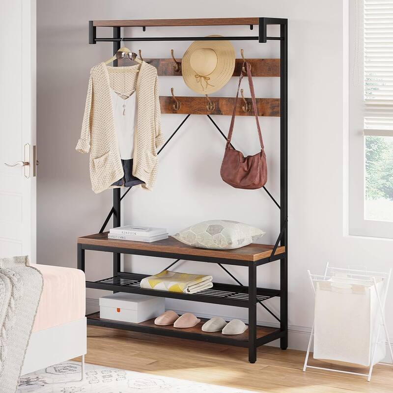 4-in-1 Entryway Bench with Coat Rack with 8 Hooks and 3-Tier Storage Shelf