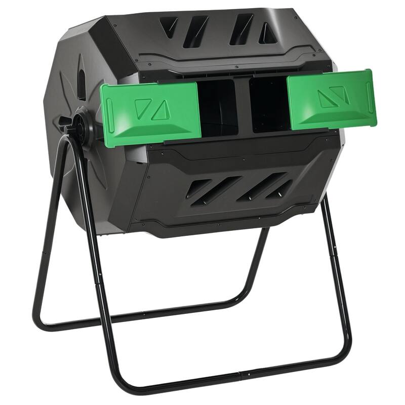 Outsunny Tumbling Compost Bin Outdoor Dual Chamber 360-deg Rotating Composter 43 Gallon w/ Sliding Doors & Solid Steel Frame