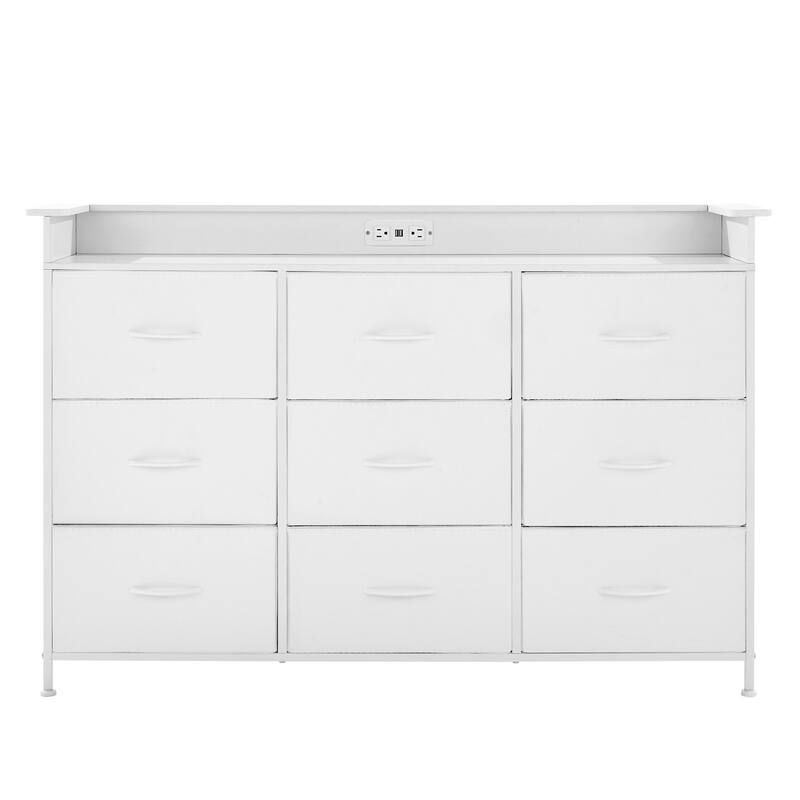 White 9 Fabric Drawer Tall Dresser with Power Outlets and Sturdy Steel Frame
