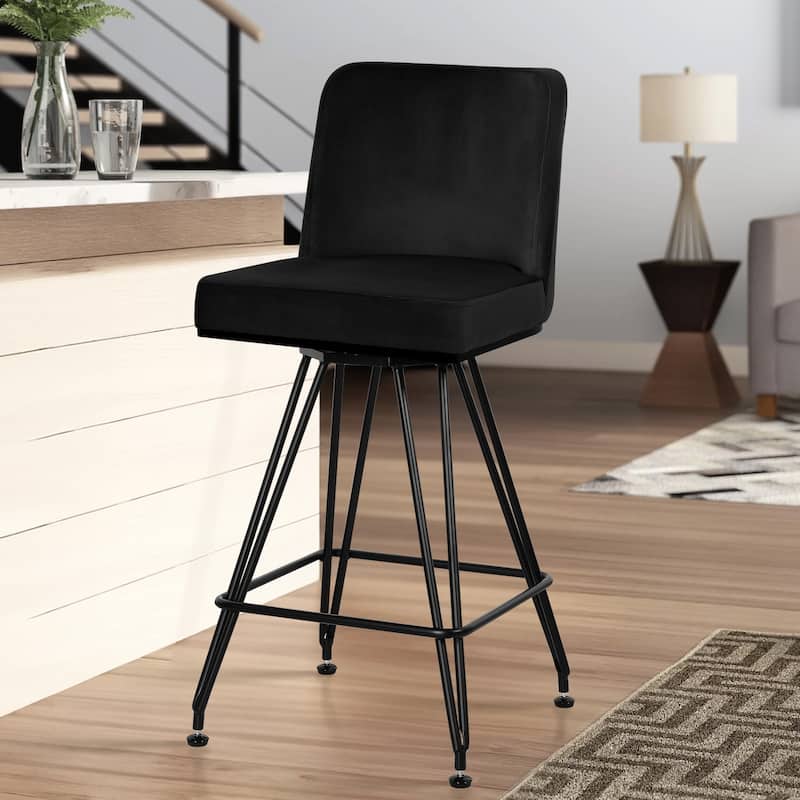 26" Leather/Velvet Swivel Counter Height Bar Stools - 38.2"H x 17.7"W x 19.1"D - Single - Velvet Black