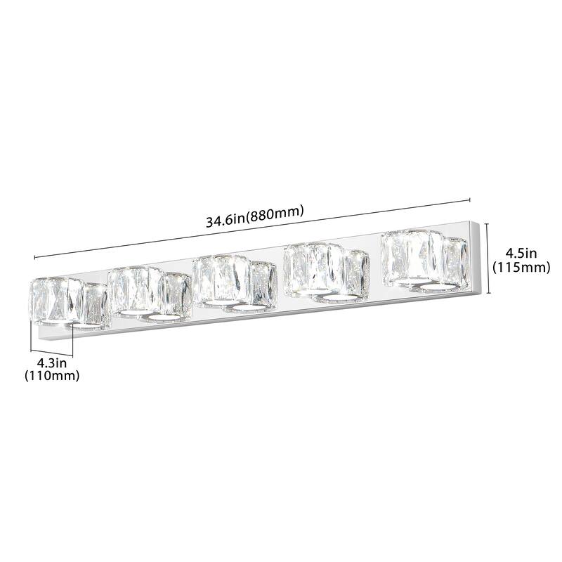 35" Modern Crystal 5-Light LED Wall Sconce - Elegant Chrome Bathroom Vanity Light with Clear Crystal Shades