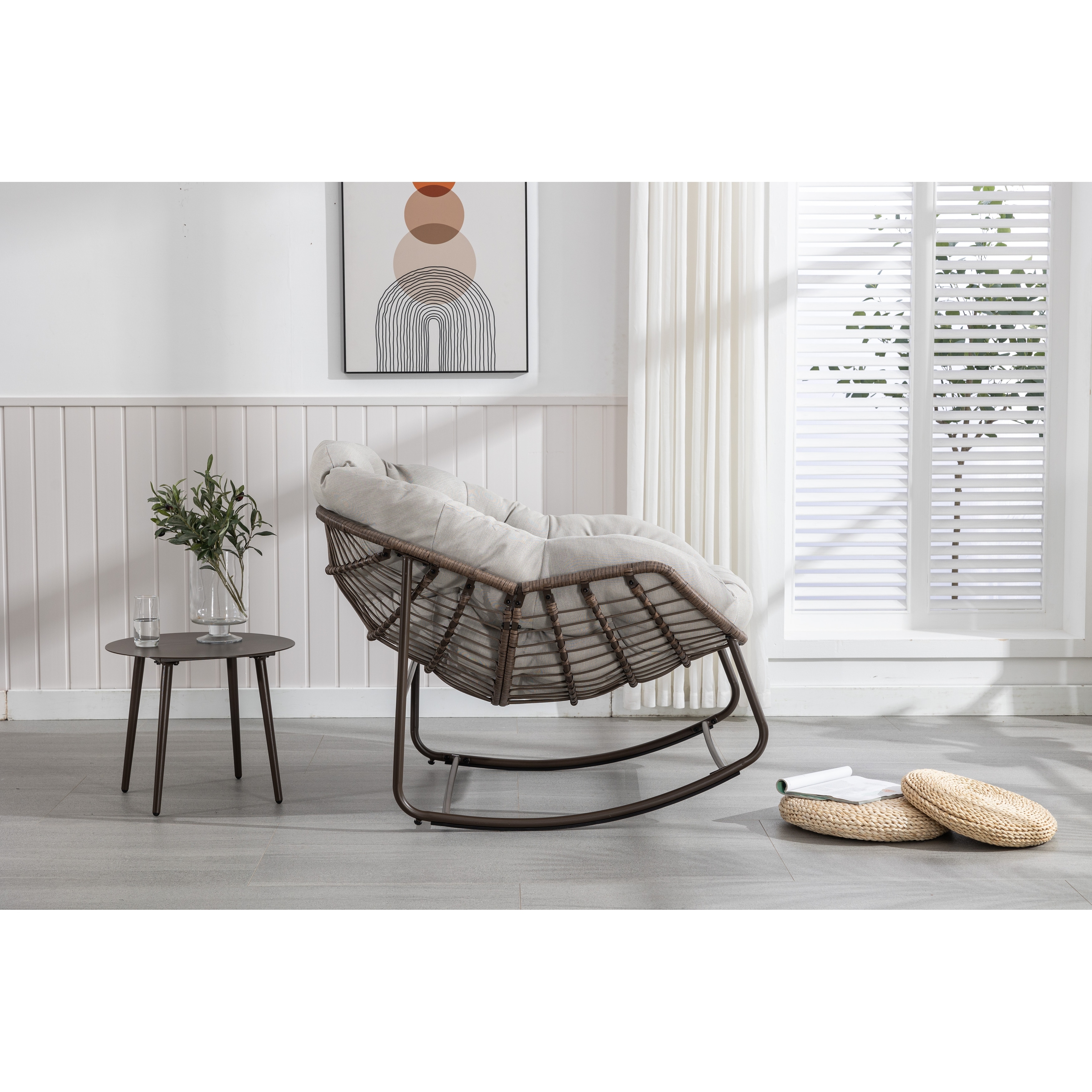 Padded Cushion Rocker Recliner Chair Outdoor Rattan Rocking Chair Orange
