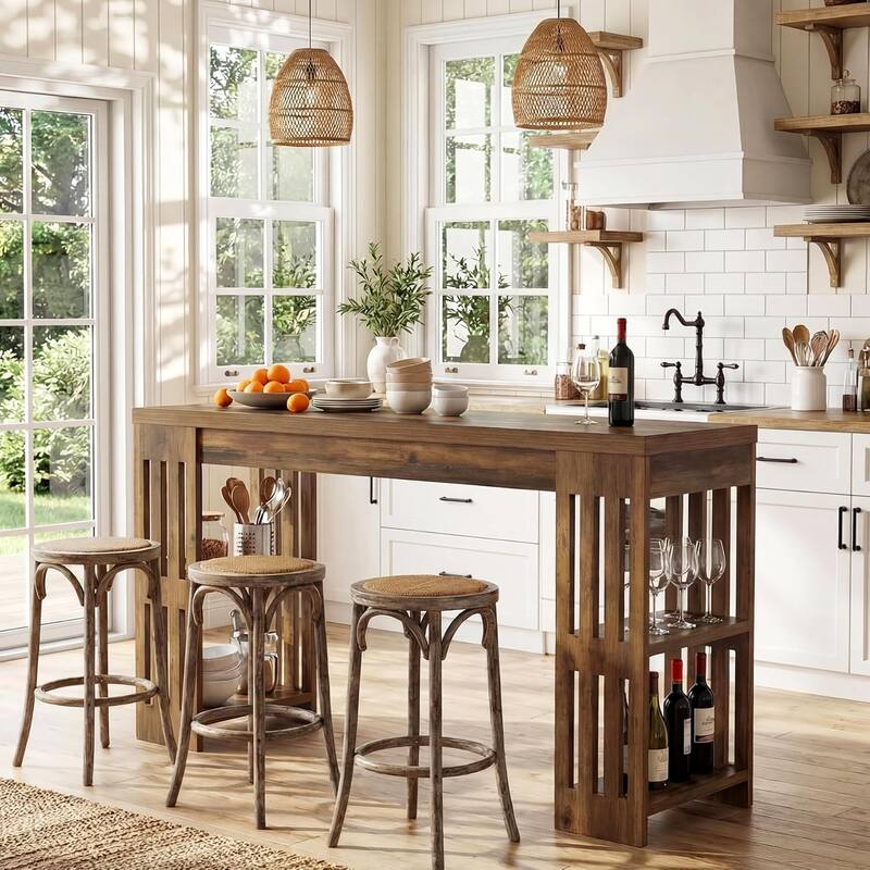 63 Inch Bar Table, Wooden Bistro Table with Wine Rack, Large Home Bar Unit, Pub Table with Storage Shelves