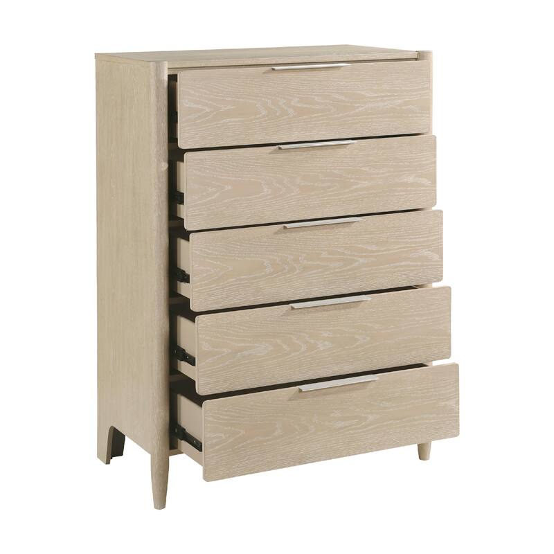 Maty Tall Dresser Chest, 5 Drawers, Light Oak Brown Ceruse Wood