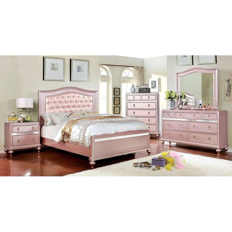 Rose Gold Finish Contemporary Bedroom Furniture Set Padded Bed Nightstand Dresser Mirror Chest