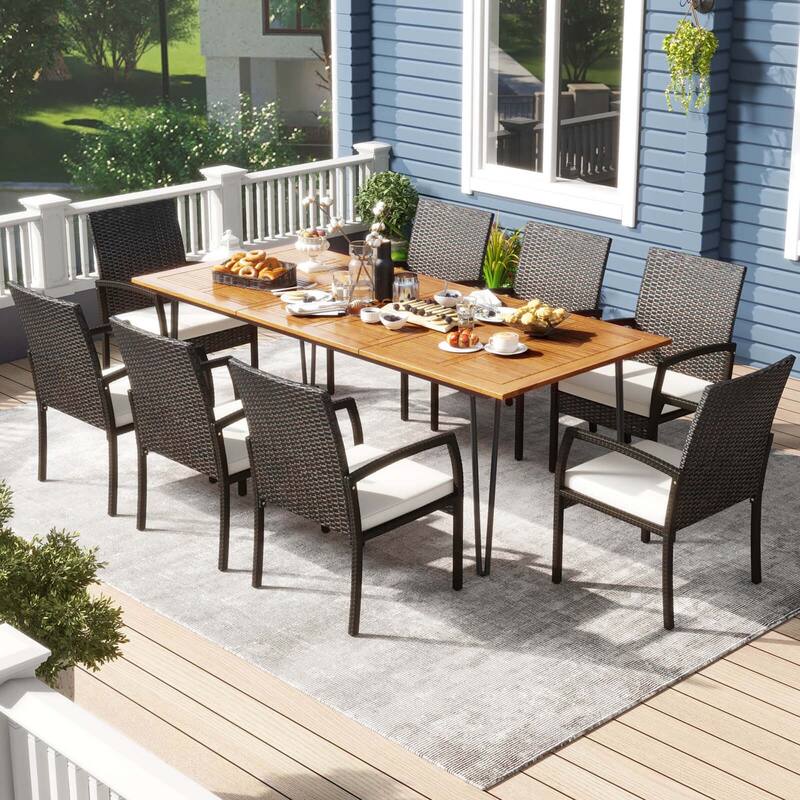Costway 9 PCS Outdoor Patio Dining Set Armchairs Set of 8 and Acacia - See Details - Mix Brown+Off White