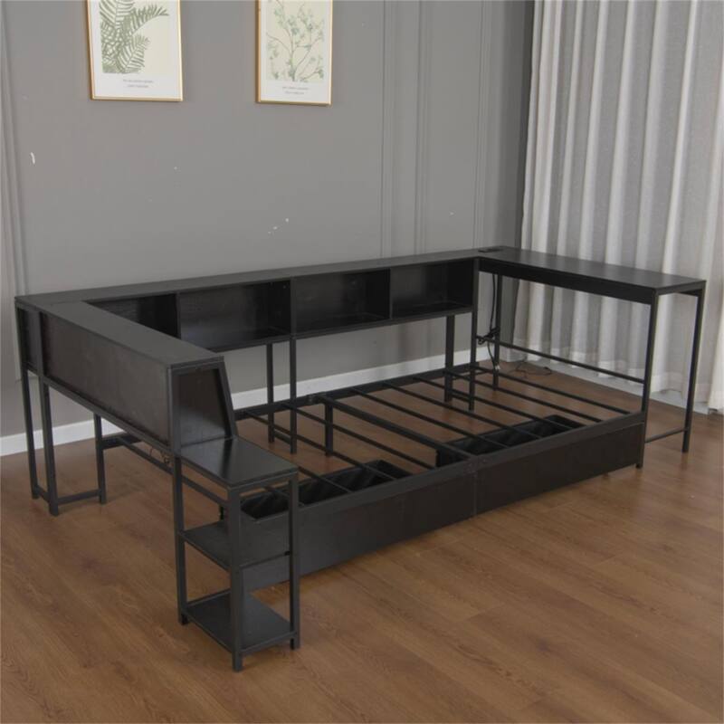 Corner Bed Frame Twin Size with 2 Underbed Storage Drawers, LED Light & Charging Station