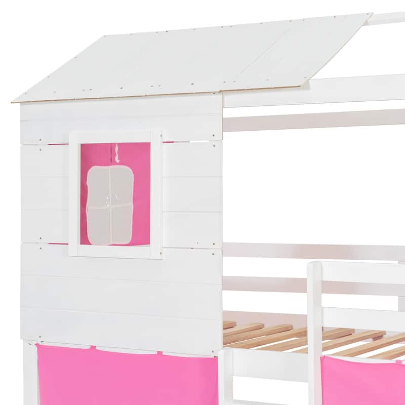 Twin Size Bunk Bed with Playhouse Tent Design and Solid Pine Wood Frame