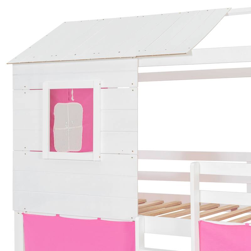 Twin Size Kids Playhouse Bunk Bed with Tent Wooden Frame and Sliding Window