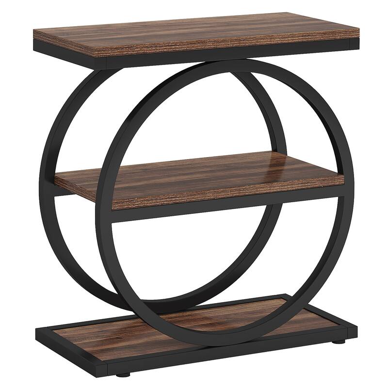 Industrial Narrow End Table with 3 Shelves - 23.6" Slim Side Table for Small Spaces, Dark Brown Wood & Black Metal Frame