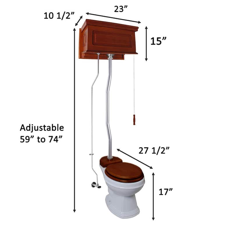 Light Mahogany Wooden High Tank Toilet Raised Tank, White Elongated Bowl and Satin Z Pipe