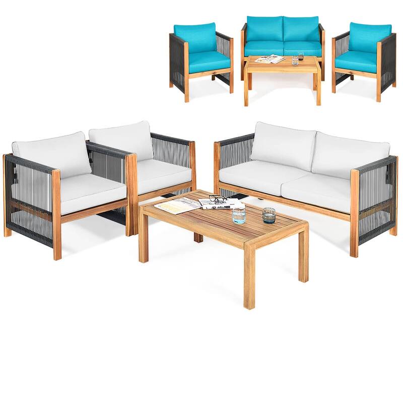 Costway 4 PCS Wood Outdoor Patio Furniture Set with Cushions White Red - See Details - Turquoise
