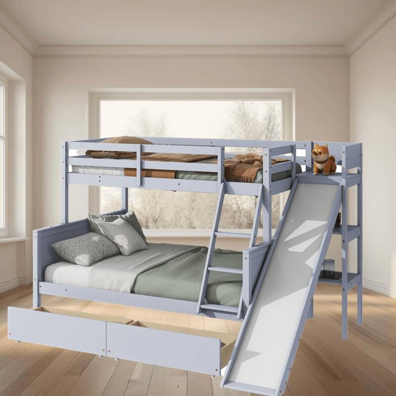 Twin Over Full Size Platform Bunk Bed Frame with Storage Drawers and Slide, Rubber Wood Construction with Safety Guardrails - Grey - Twin