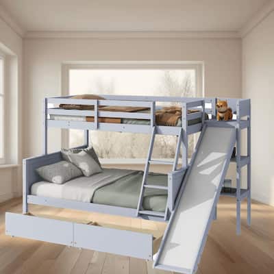 Twin Over Full Size Platform Bunk Bed Frame with Storage Drawers and Slide, Rubber Wood Construction with Safety Guardrails