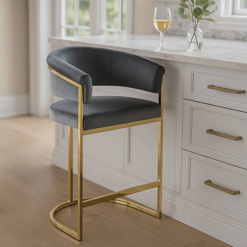 Dely Counter Height Chair, Gray Velvet with Gold Metal Sled Frame