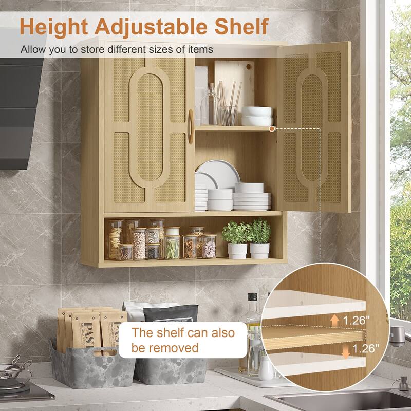 VECELO Oak Finish Wall Mounted Bathroom Cabinet Double Door Woven Rattan Medicine Cabinet with Adjustable Shelves & Open Storage