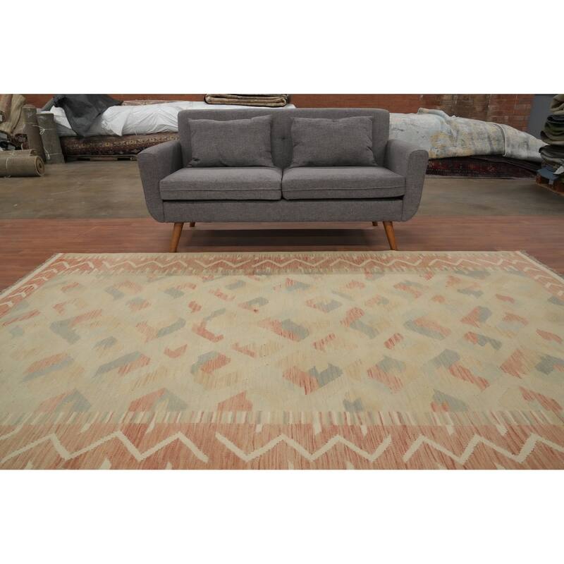 Hand Woven Oriental 100% Wool Carpet Southwestern Tribal Beige & Ivories Kilim Area Rug - 9' 2'' X 6' 2''