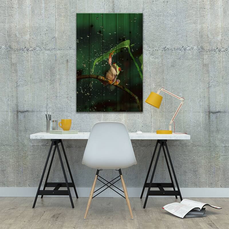 Red-Eyed Tree Frog In Rain, Native To Central And South America Print On Wood by Michael Durham - Multi-Color