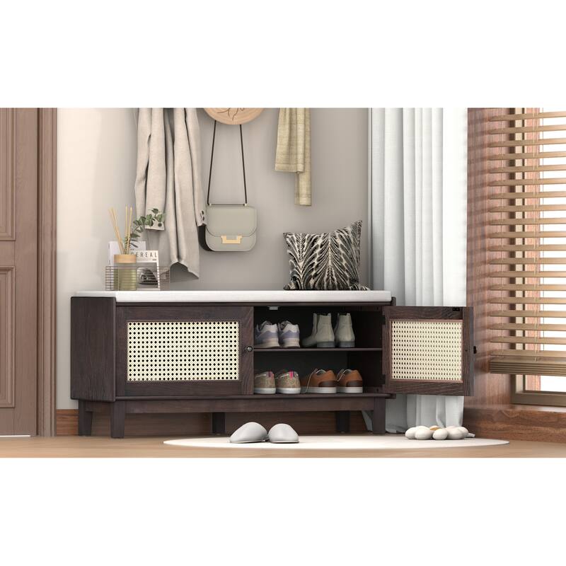 Roomfitters Entryway Storage Bench, Boho Rattan Cabinet, Hallway Organizer Seat with Cushion