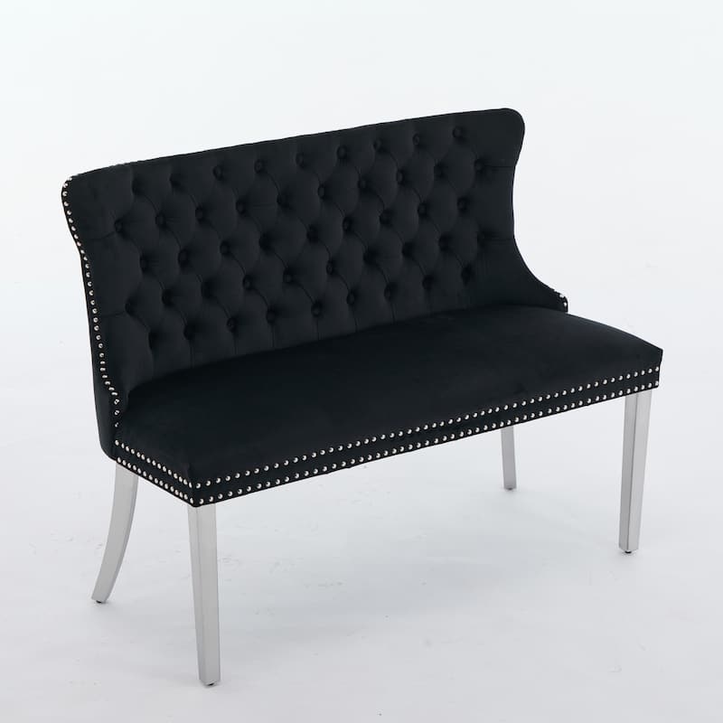 Velvet Double Dining Loveseat Bench, 2-Seat Tufted Bench w/Handmade Buttons, Wing Back, Gold-Plated Steel Legs, Single Pack